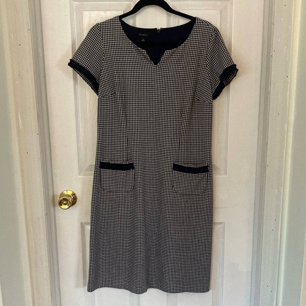 Talbots dress black white plaid short sleeves front pockets back zipper - Picture 10 of 12